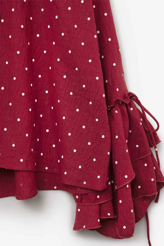 Red Ruffled Polka-Dot Blouse with Flared Sleeves - Tops