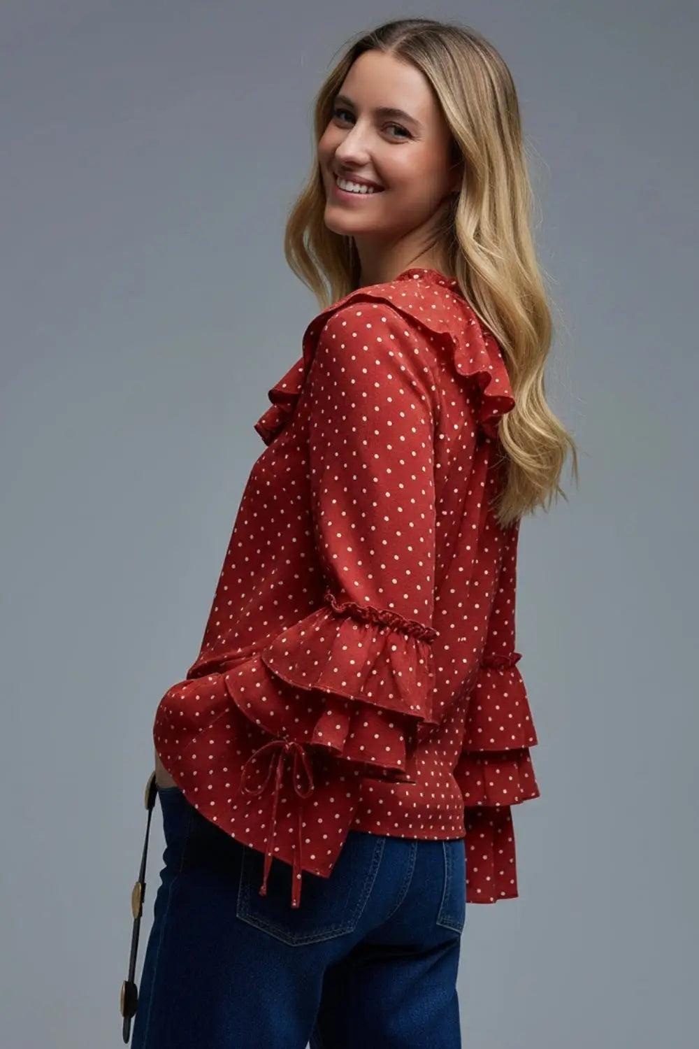 Red Ruffled Polka-Dot Blouse with Flared Sleeves - Tops