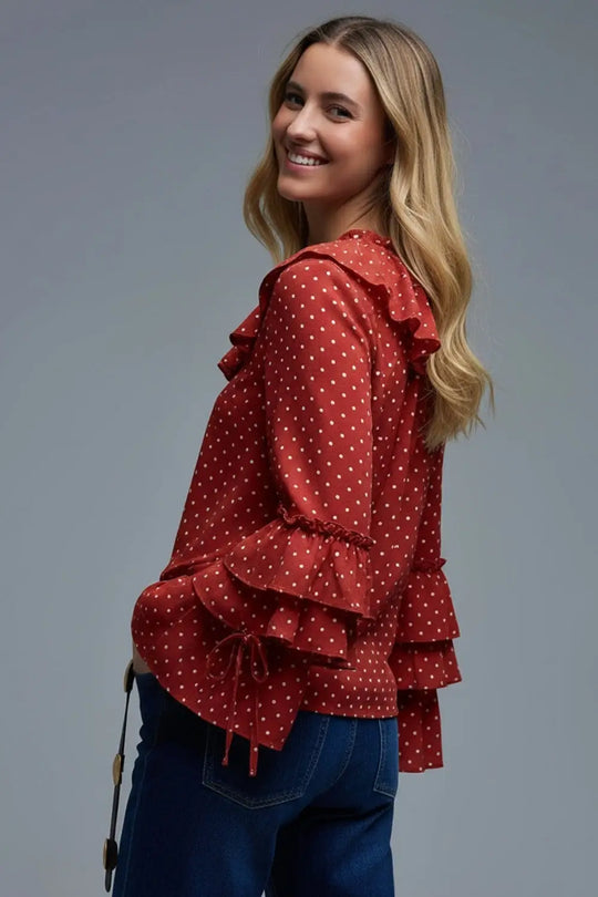 Red Ruffled Polka-Dot Blouse with Flared Sleeves - Tops