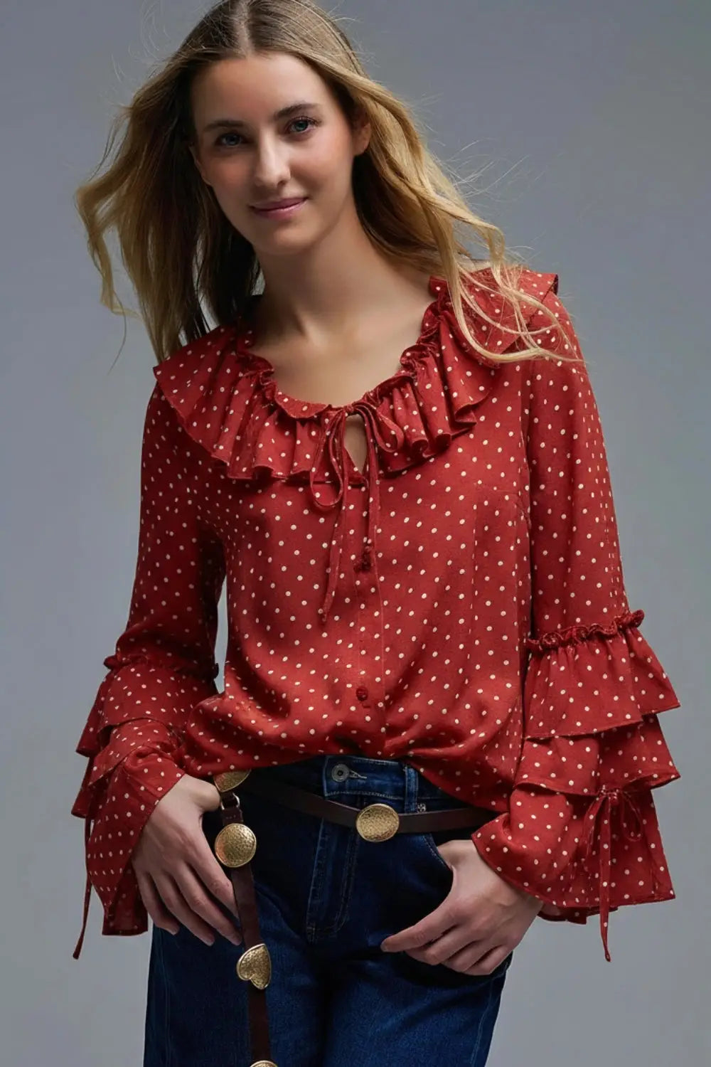Q2 Red Ruffled Polka-Dot Blouse with Flared Sleeves