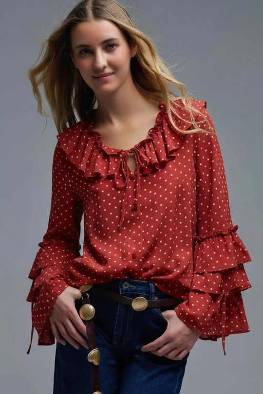 Q2 Red Ruffled Polka-Dot Blouse with Flared Sleeves