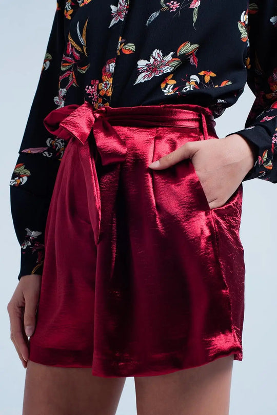 Red Satin Shorts with Waist Tie - Pants