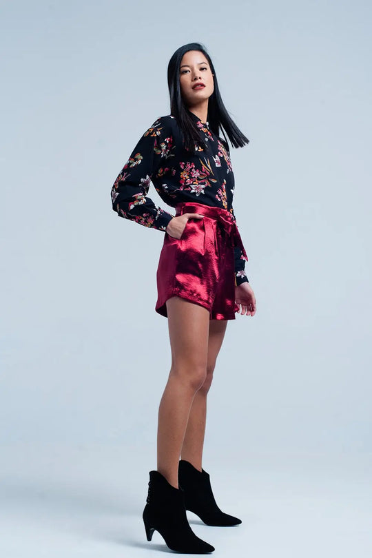 Red Satin Shorts with Waist Tie - Pants