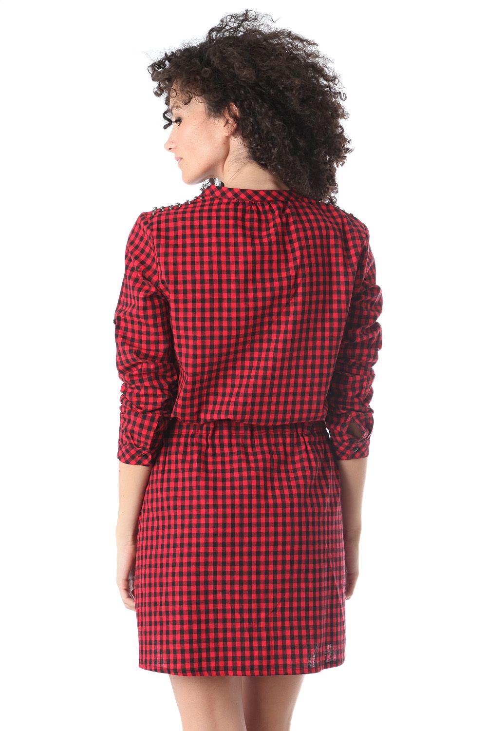 Red shirt dress in check printed fabric