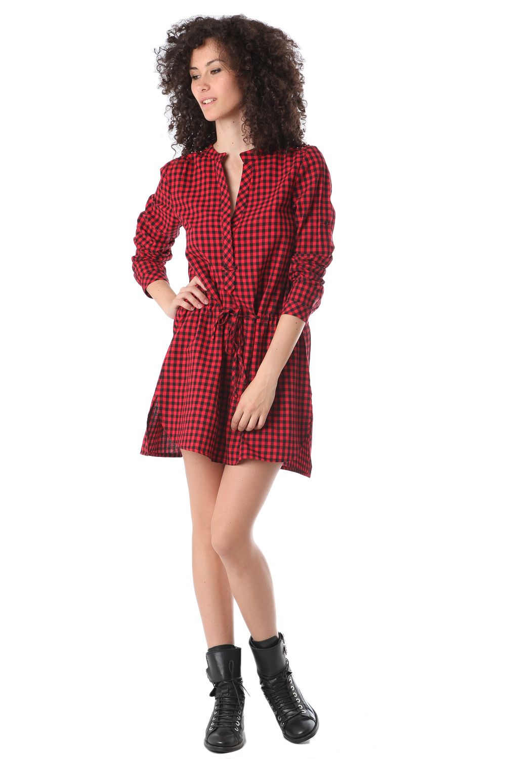 Q2 Red shirt dress in check printed fabric