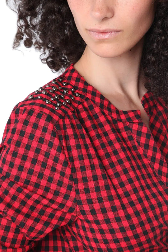 Red shirt dress in check printed fabric - Dresses
