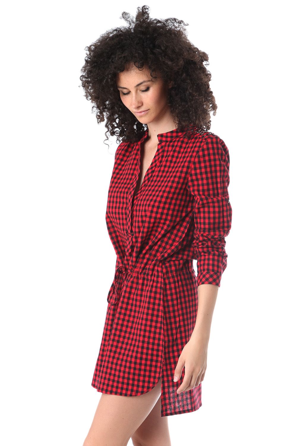 Red shirt dress in check printed fabric