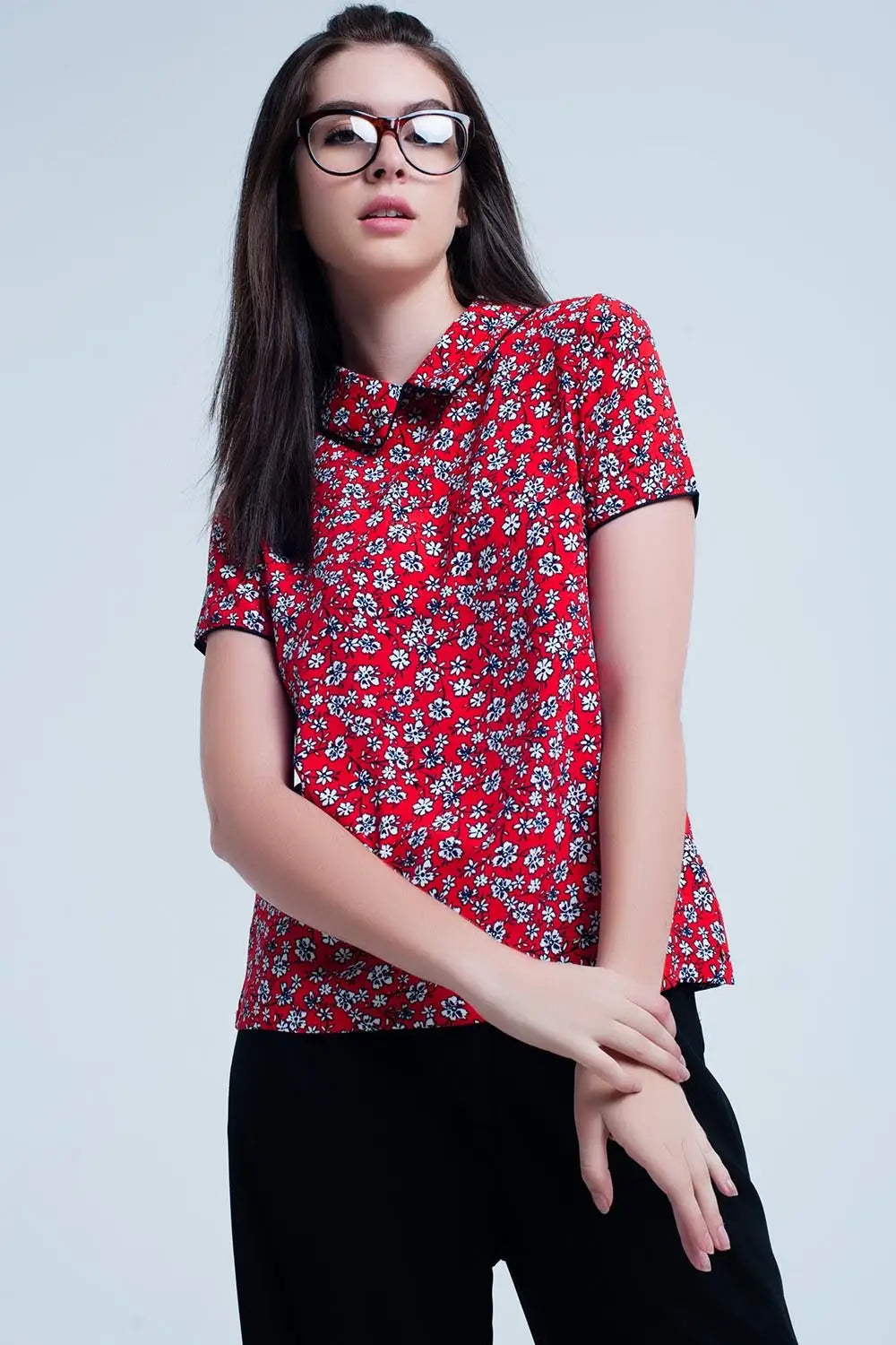 Red Shirt with white flowers print - Shirts