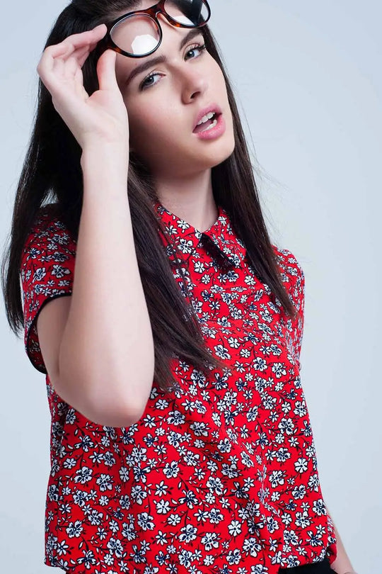 Red Shirt with white flowers print - Shirts
