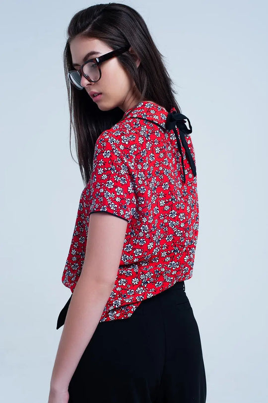 Red Shirt with white flowers print - Shirts