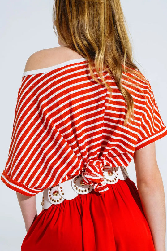 red striped boat neck t-shirt with embroidered heart - One Size / Red - Tops