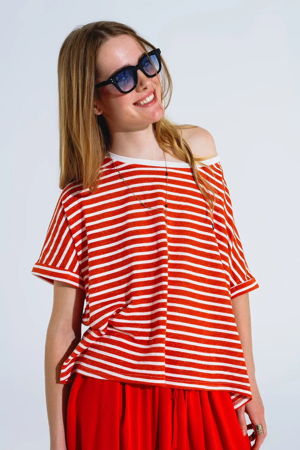 red striped boat neck t-shirt with embroidered heart - One Size / Red - Tops