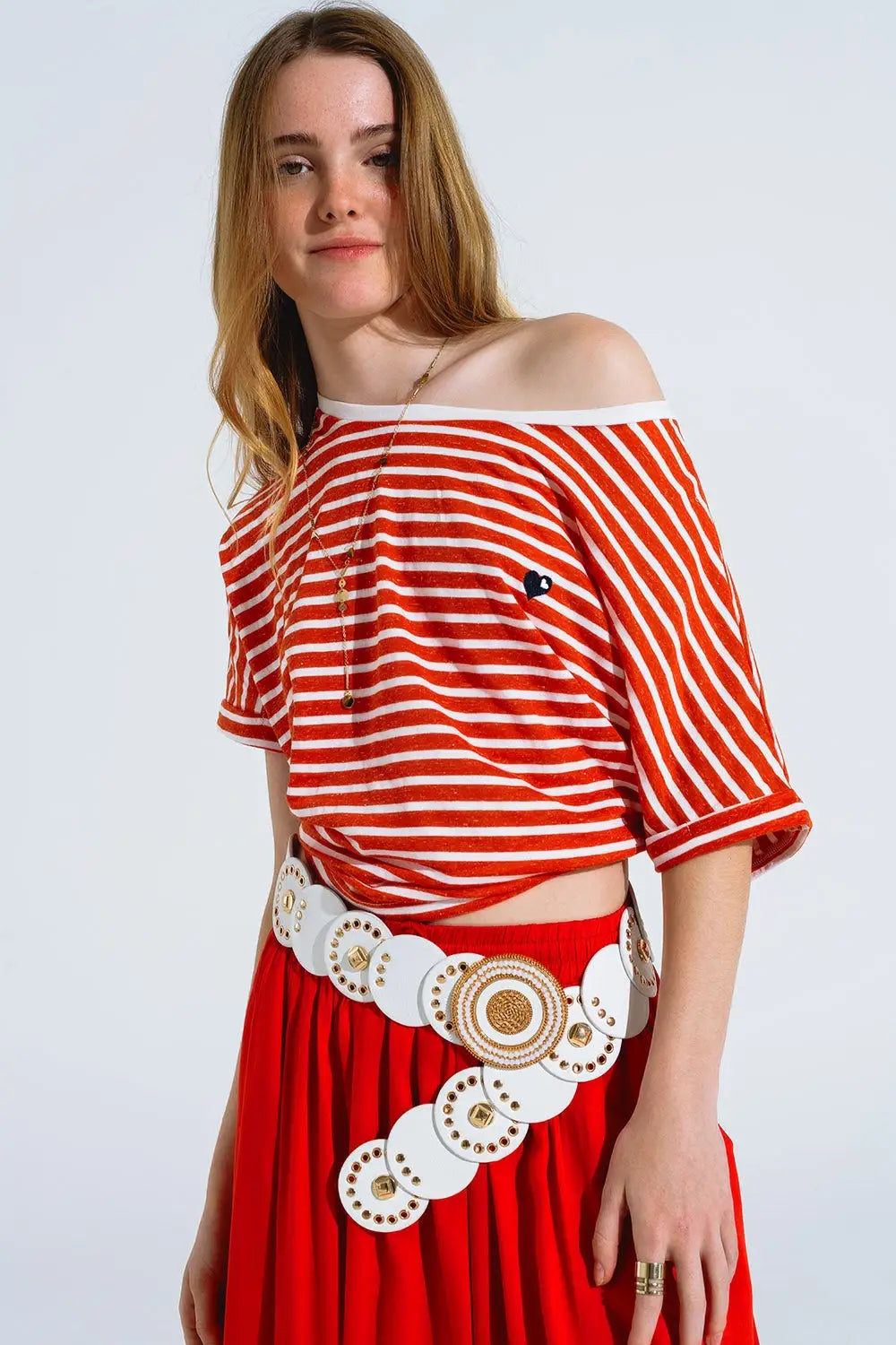 red striped boat neck t-shirt with embroidered heart - One Size / Red - Tops