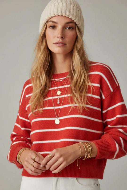 Red striped knit sweater with red heart detail - One Size / Red