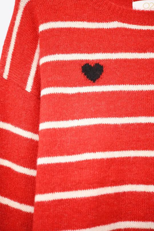 Red striped knit sweater with red heart detail - One Size / Red