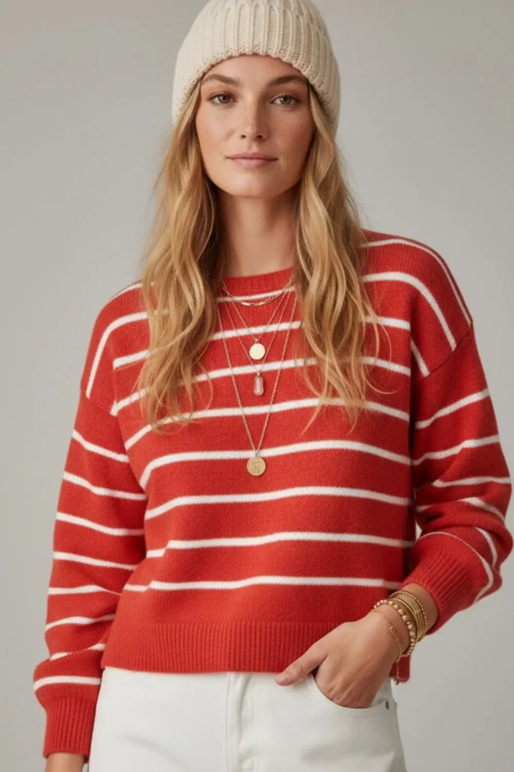 Red striped knit sweater with red heart detail - One Size / Red