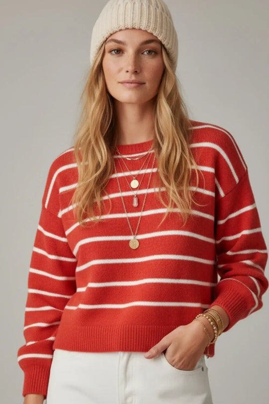 Red striped knit sweater with red heart detail - One Size / Red