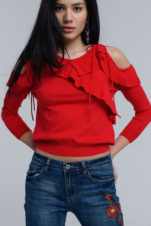 Q2 Red sweater with ruffle detail at front