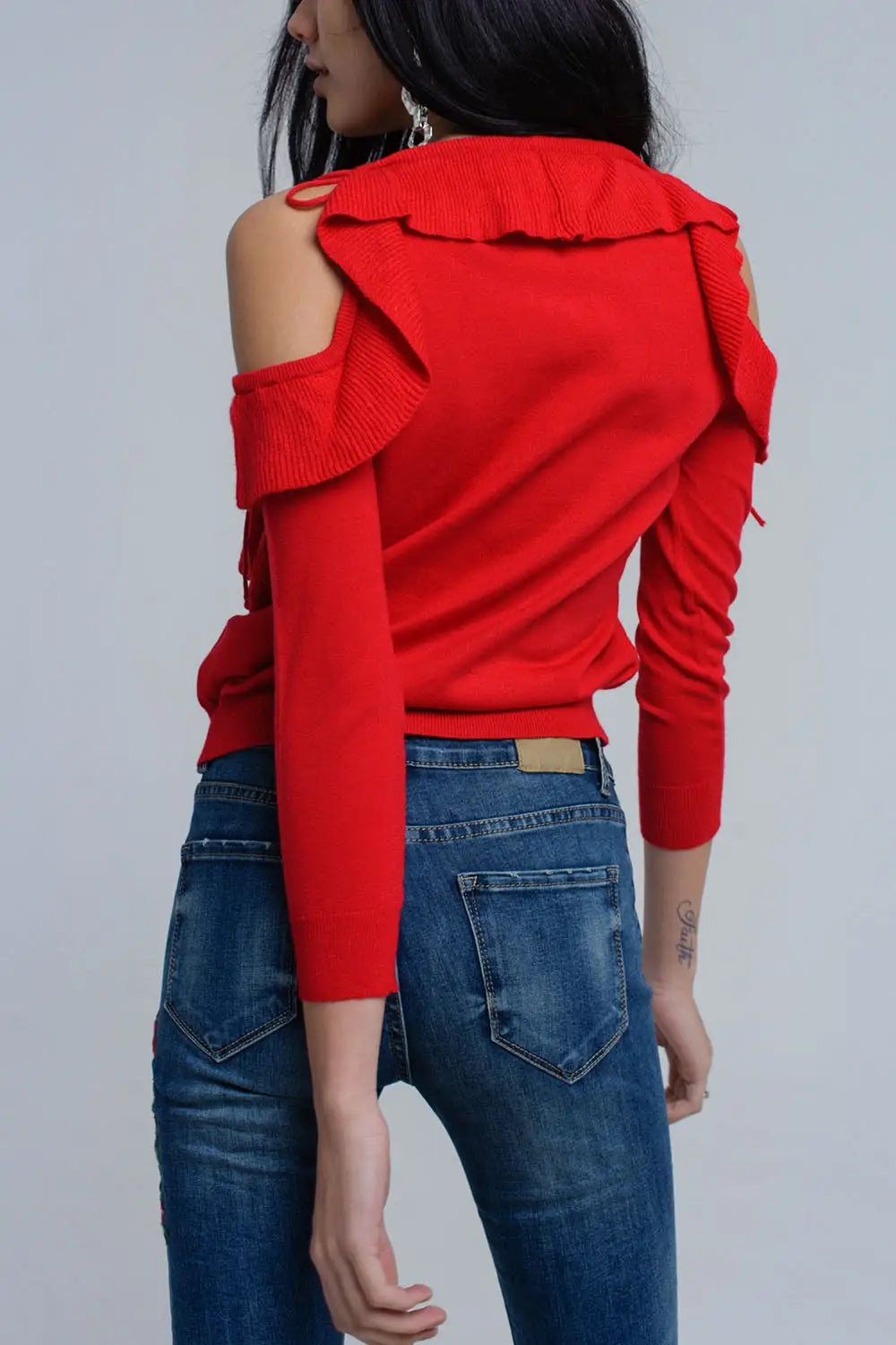 Red sweater with ruffle detail at front - Sweaters