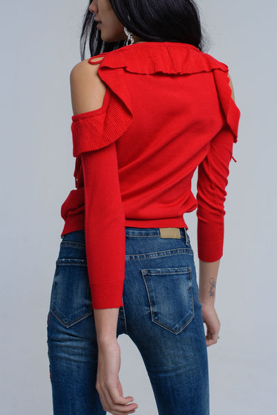 Red sweater with ruffle detail at front