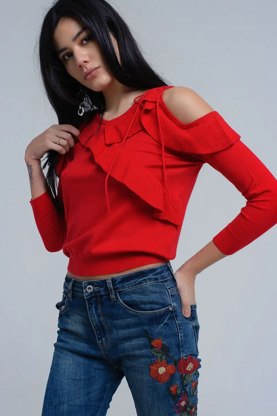 Red sweater with ruffle detail at front - Sweaters