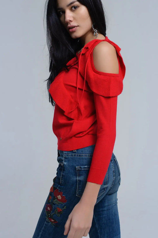 Red sweater with ruffle detail at front - Sweaters