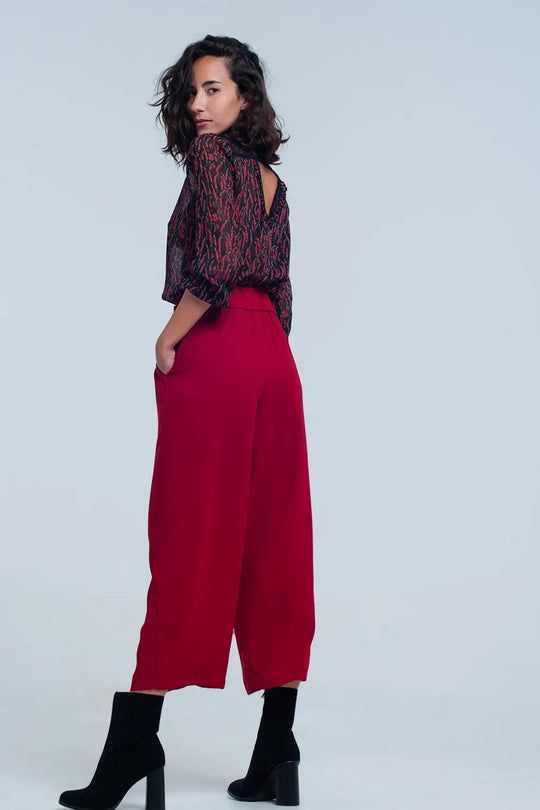 Red wide leg culottes with belt detail - Pants