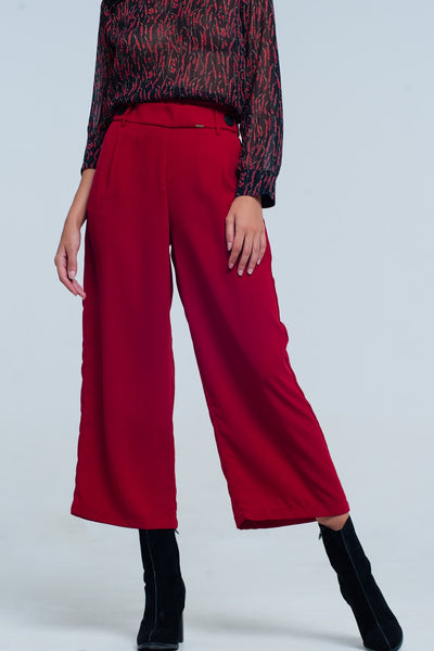 Red wide leg culottes with belt detail