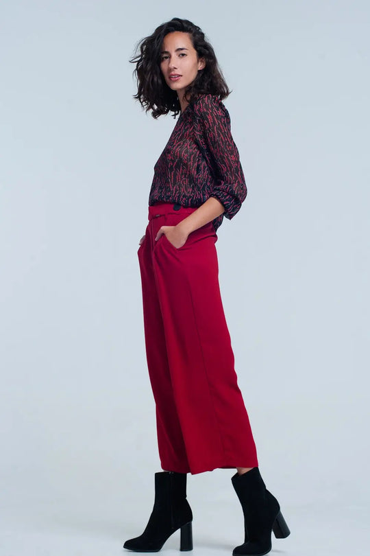 Red wide leg culottes with belt detail - Pants