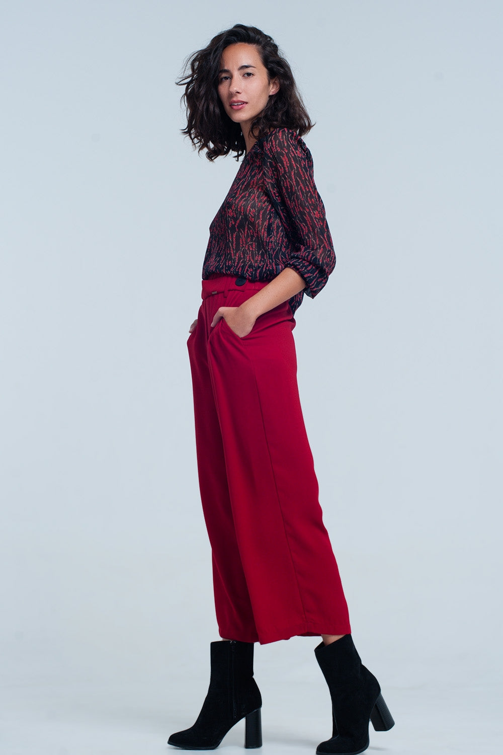 Red wide leg culottes with belt detail