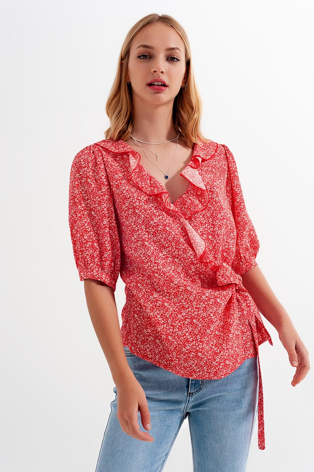 Red wrap top in clustered flower print