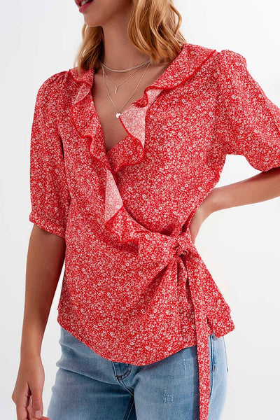 Red wrap top in clustered flower print