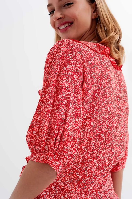 Red wrap top in clustered flower print - Shirts