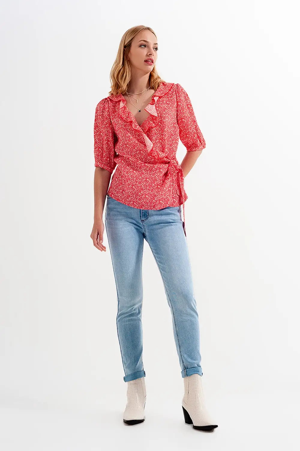 Red wrap top in clustered flower print - Shirts