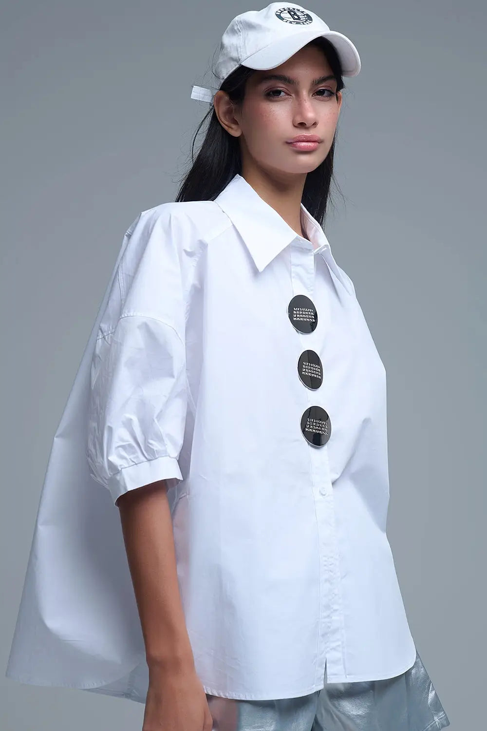 Relaxed 3/4 Sleeve Poplin Shirt With Button Detail in White - One Size / White - Shirts