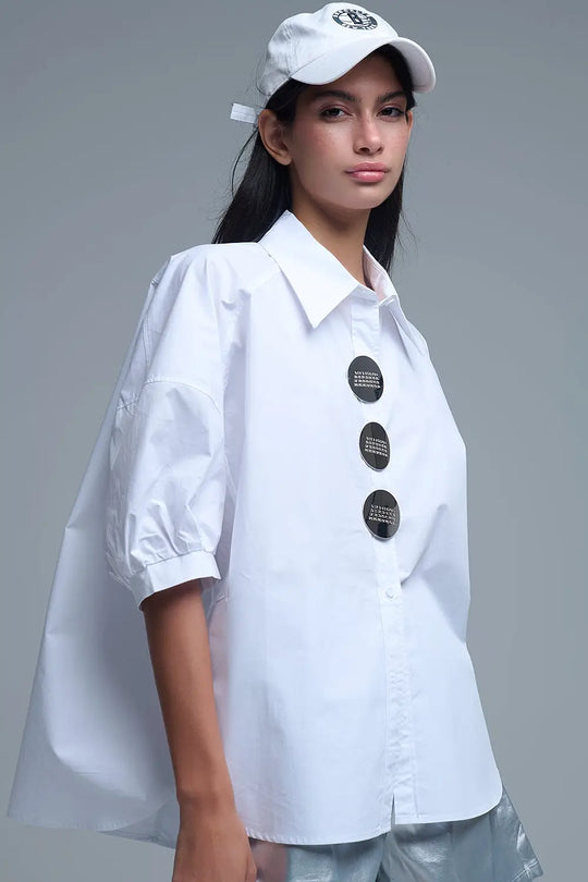 Q2 Relaxed 3/4 Sleeve Poplin Shirt With Button Detail in White