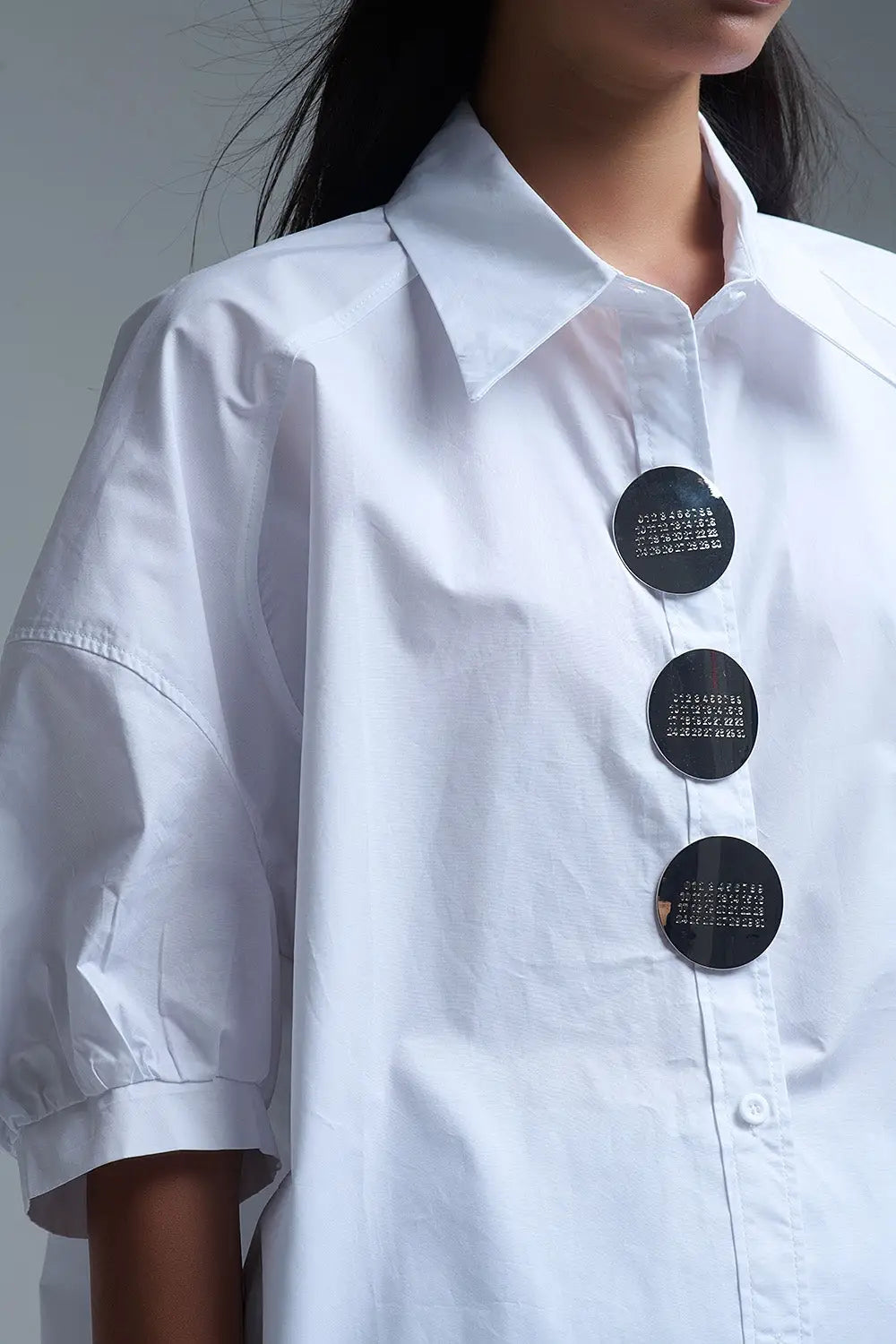 Relaxed 3/4 Sleeve Poplin Shirt With Button Detail in White - One Size / White - Shirts
