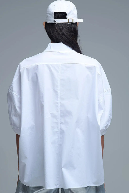 Relaxed 3/4 Sleeve Poplin Shirt With Button Detail in White - One Size / White - Shirts