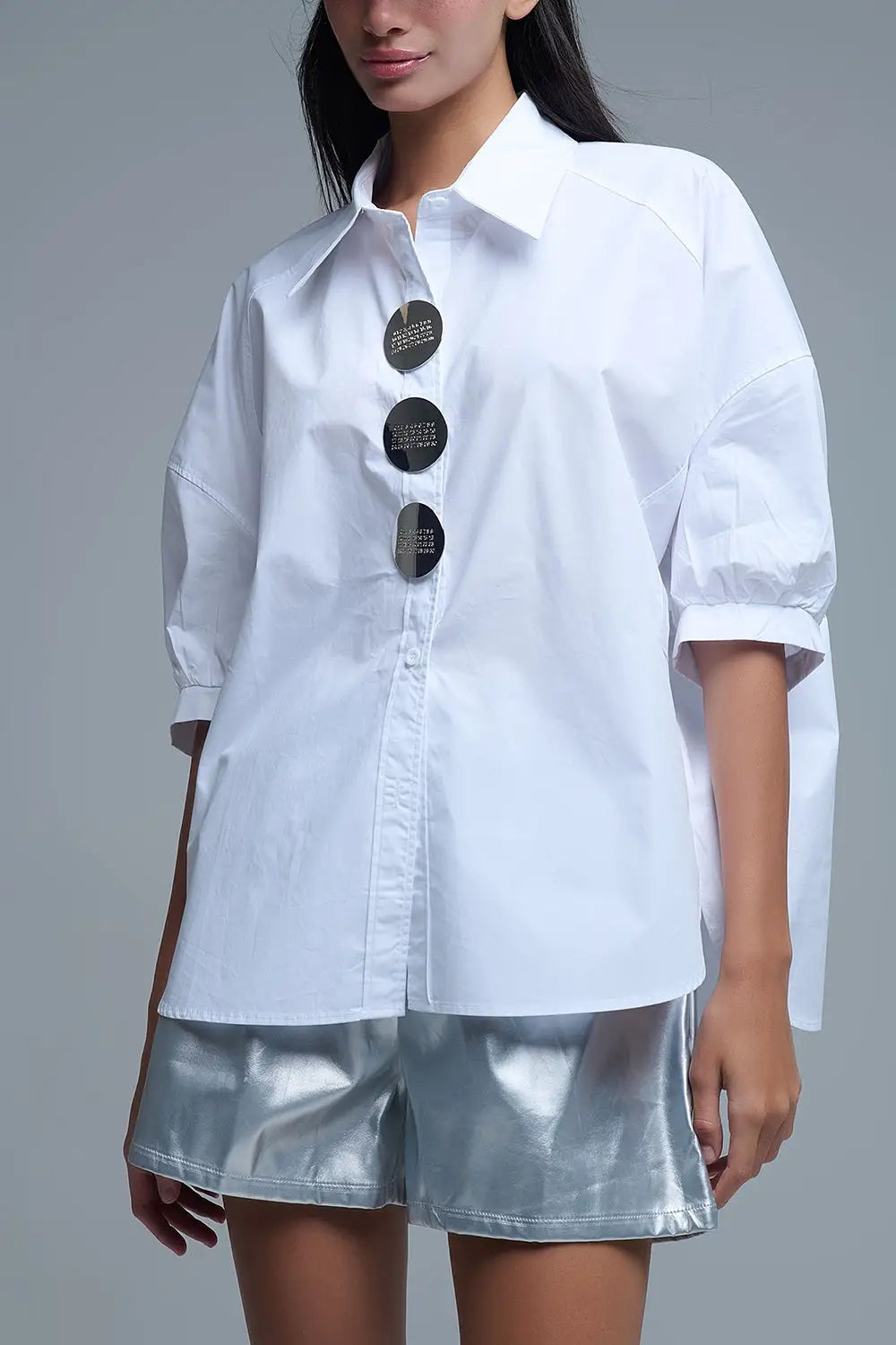 Relaxed 3/4 Sleeve Poplin Shirt With Button Detail in White - One Size / White - Shirts