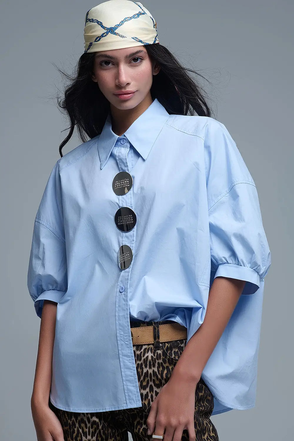 Relaxed 3/4 Sleeve Poplin Shirt With Button Detail - One Size / Blue - Shirts
