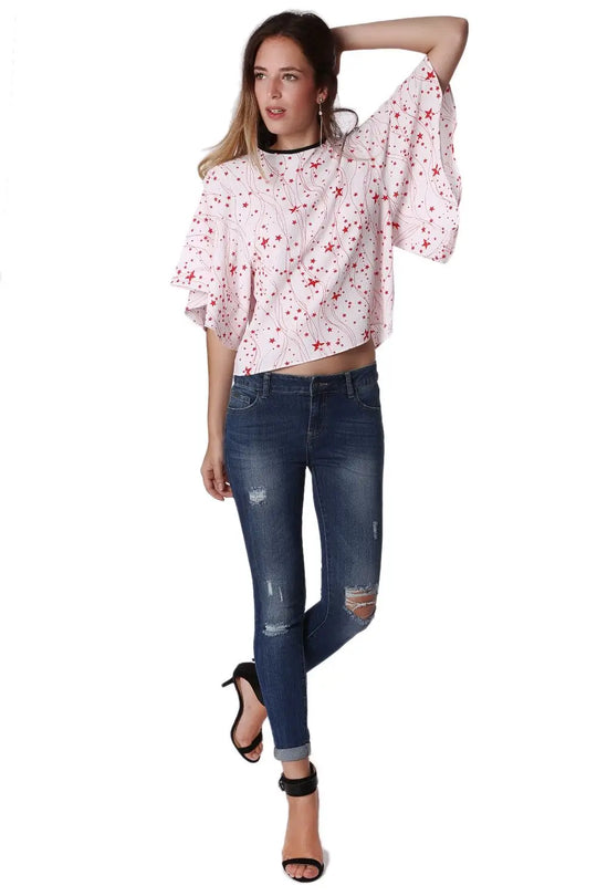 Relaxed Angel Sleeve Top In Black Star Print - Shirts