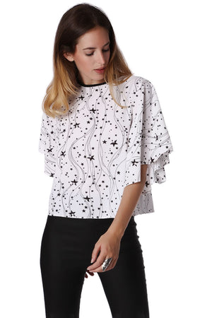 Q2 Relaxed Angel Sleeve Top In Black Star Print