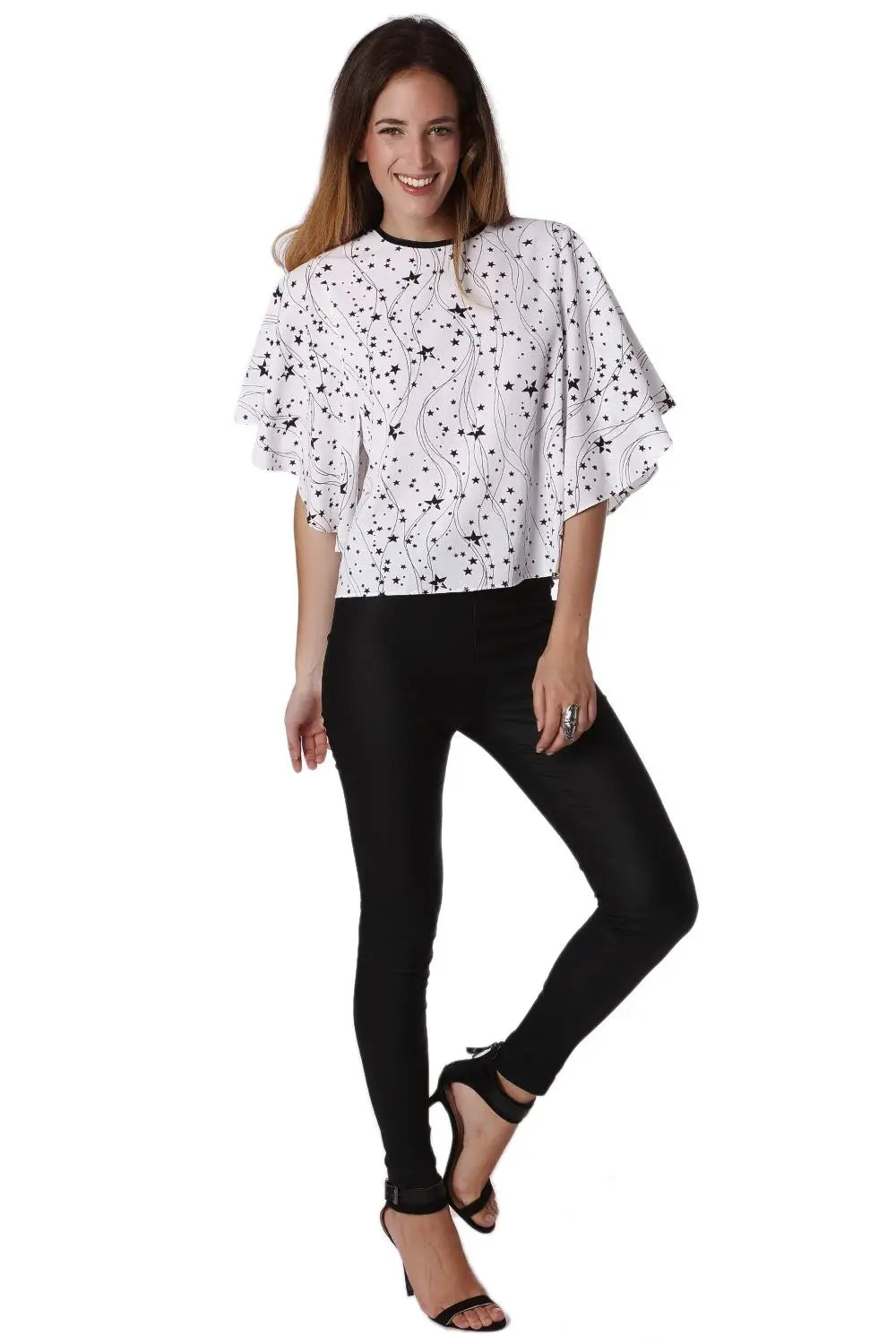 Relaxed Angel Sleeve Top In Black Star Print - Shirts