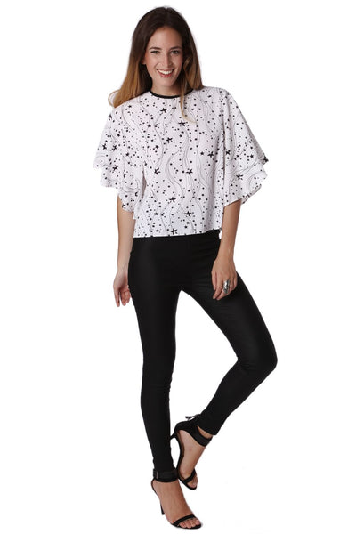 Relaxed Angel Sleeve Top In Black Star Print