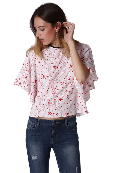 Q2 Relaxed Angel Sleeve Top In Red Star Print