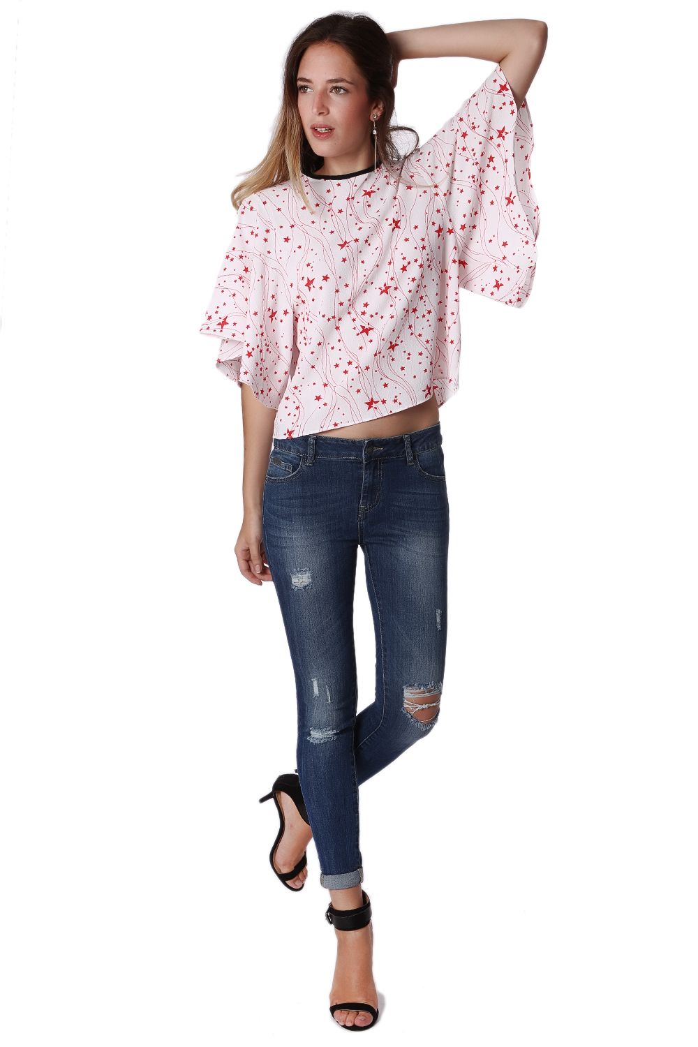 Relaxed Angel Sleeve Top In Black Star Print