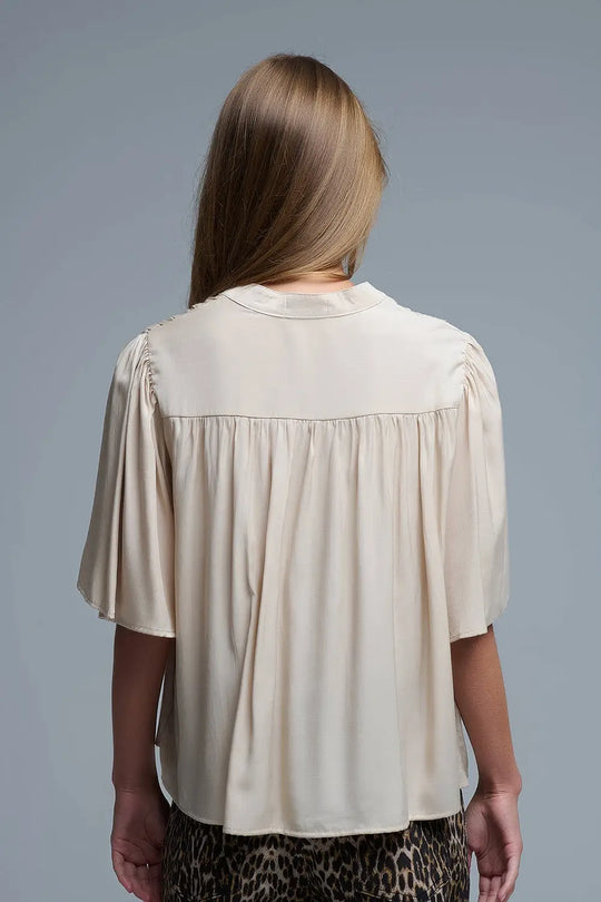 Relaxed Beige boho-style blouse with embroidered details - Tops