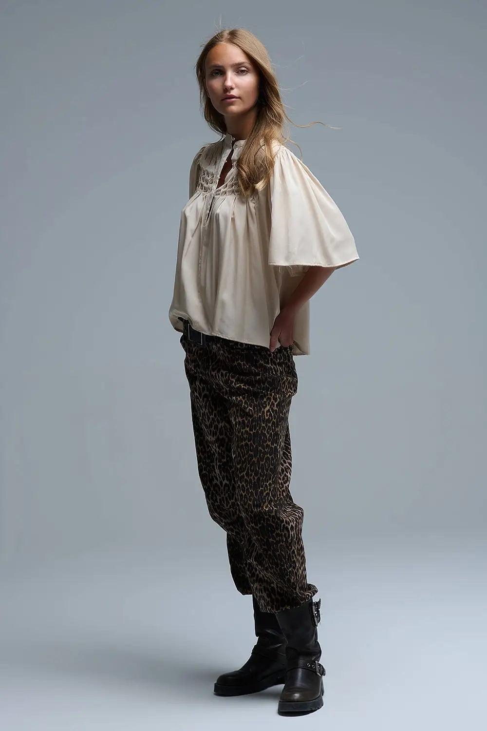 Relaxed Beige boho-style blouse with embroidered details - Tops