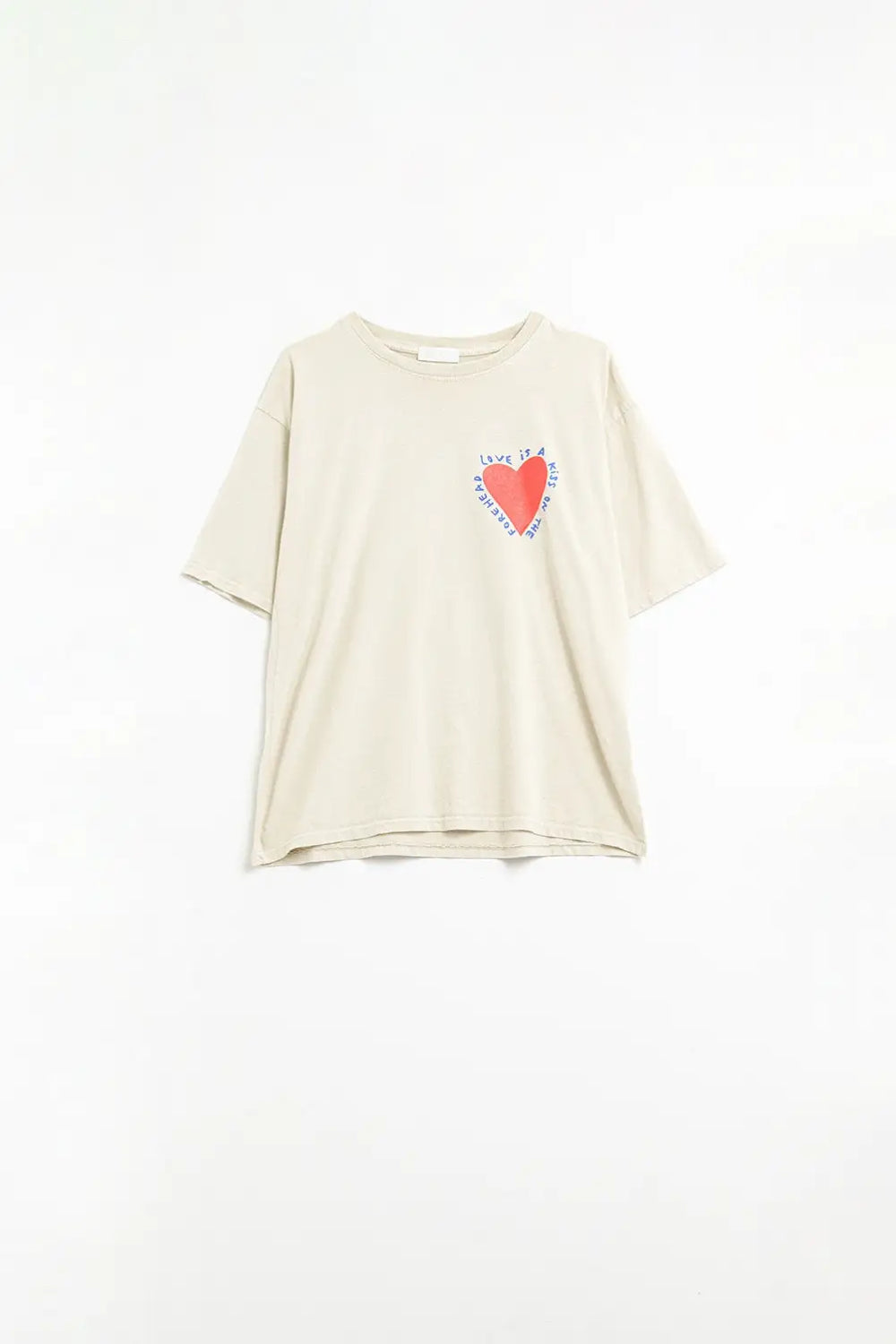 Relaxed beige T-shirt featuring a heart design on both the front and back - One Size / Beige - Tops