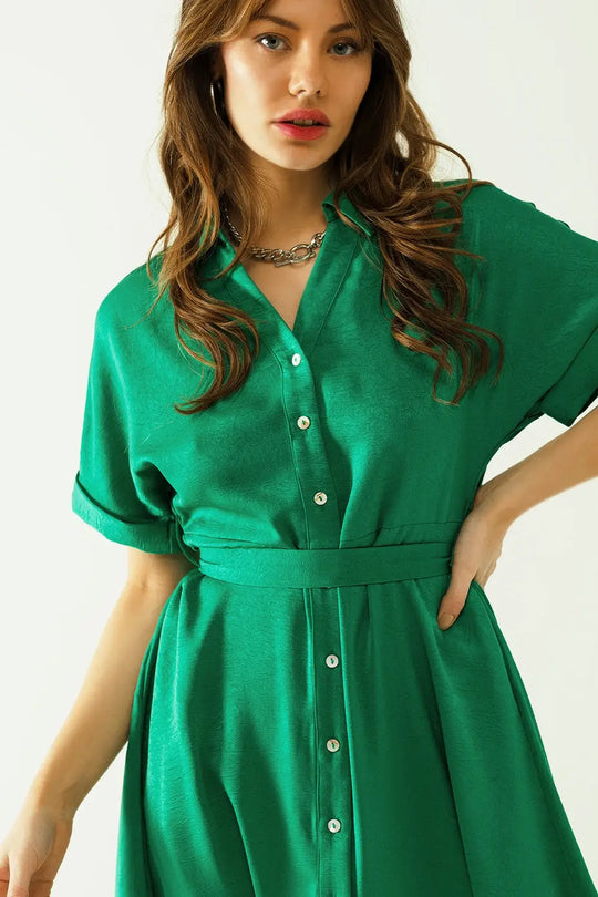 Relaxed belted mini dress with button placked down the front in green - Dresses